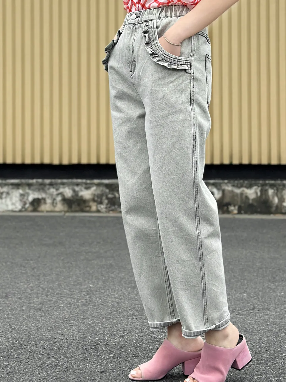 Washed Greyish White Ruffled Pocket Straight Leg Jeans