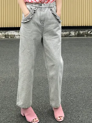 Washed Greyish White Ruffled Pocket Straight Leg Jeans