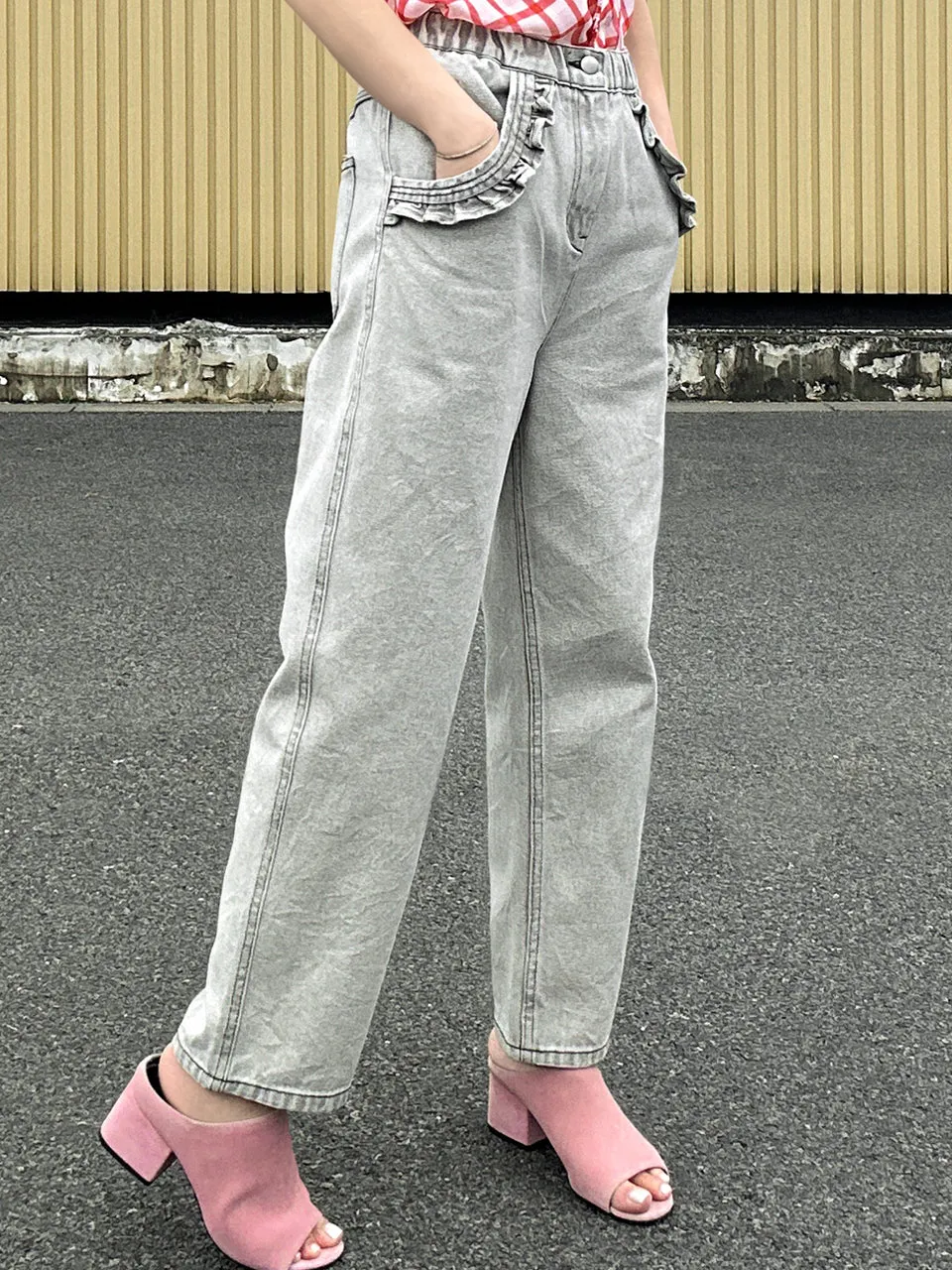 Washed Greyish White Ruffled Pocket Straight Leg Jeans