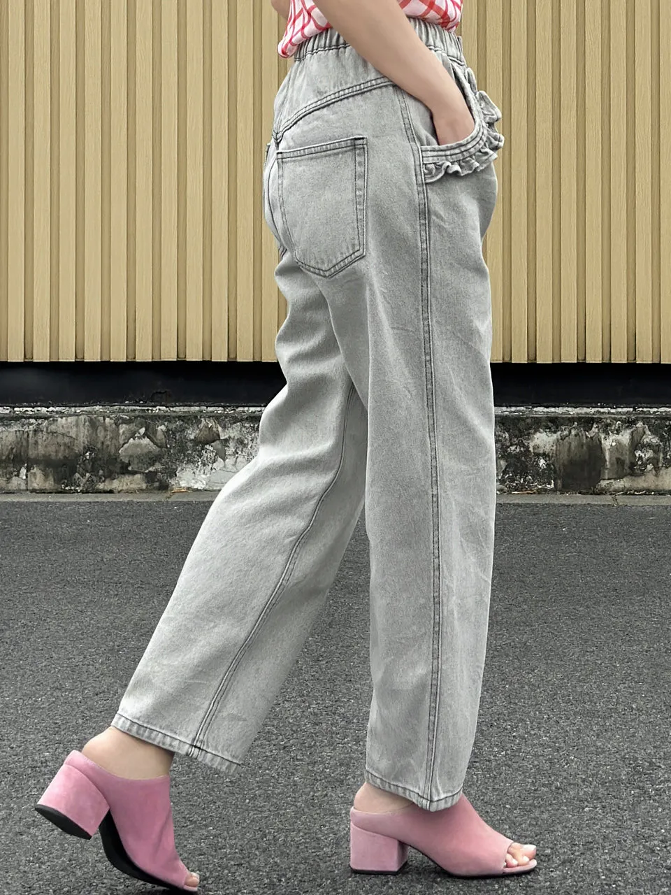Washed Greyish White Ruffled Pocket Straight Leg Jeans