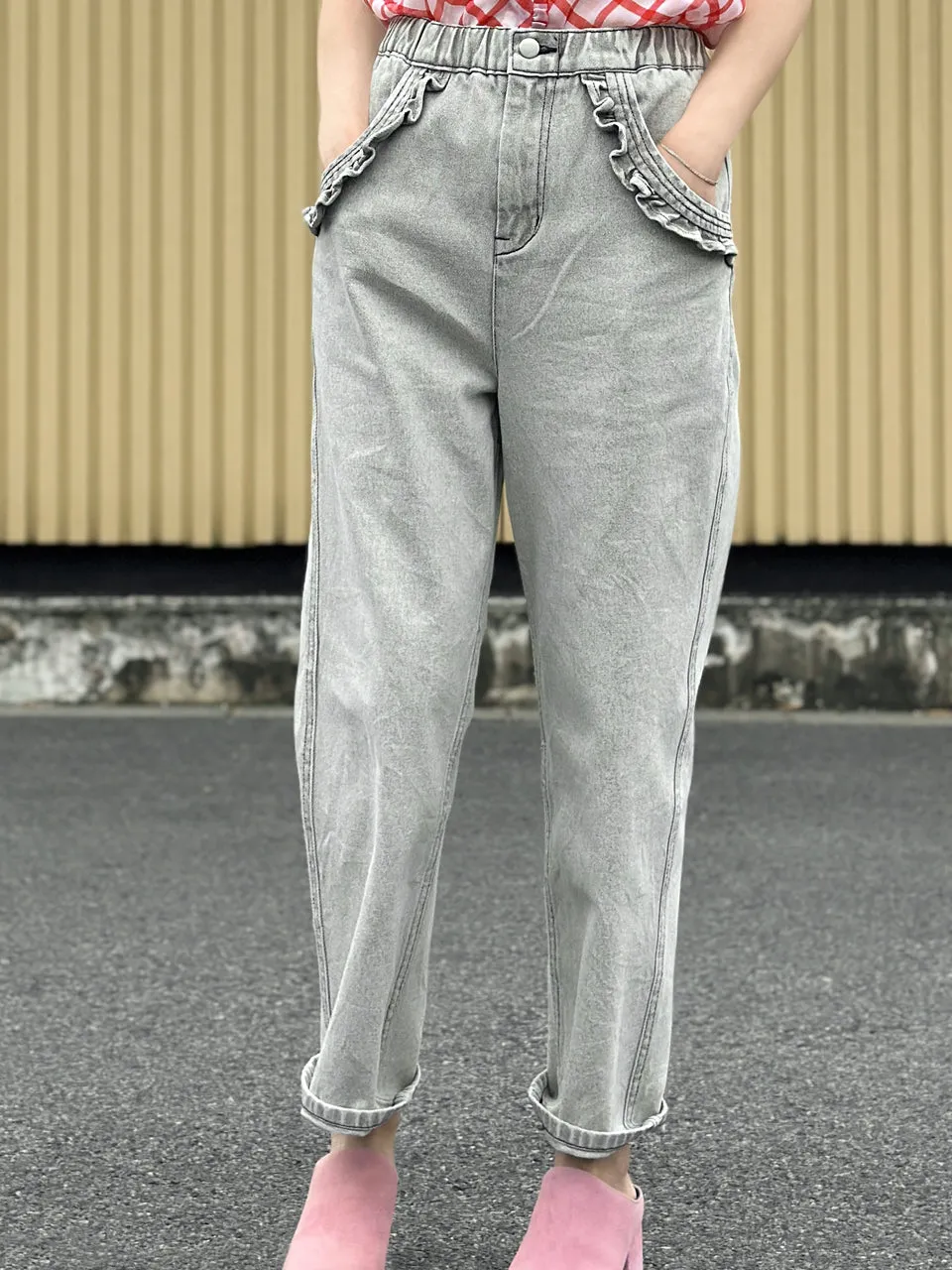 Washed Greyish White Ruffled Pocket Straight Leg Jeans