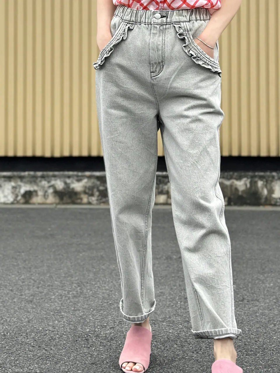 Washed Greyish White Ruffled Pocket Straight Leg Jeans