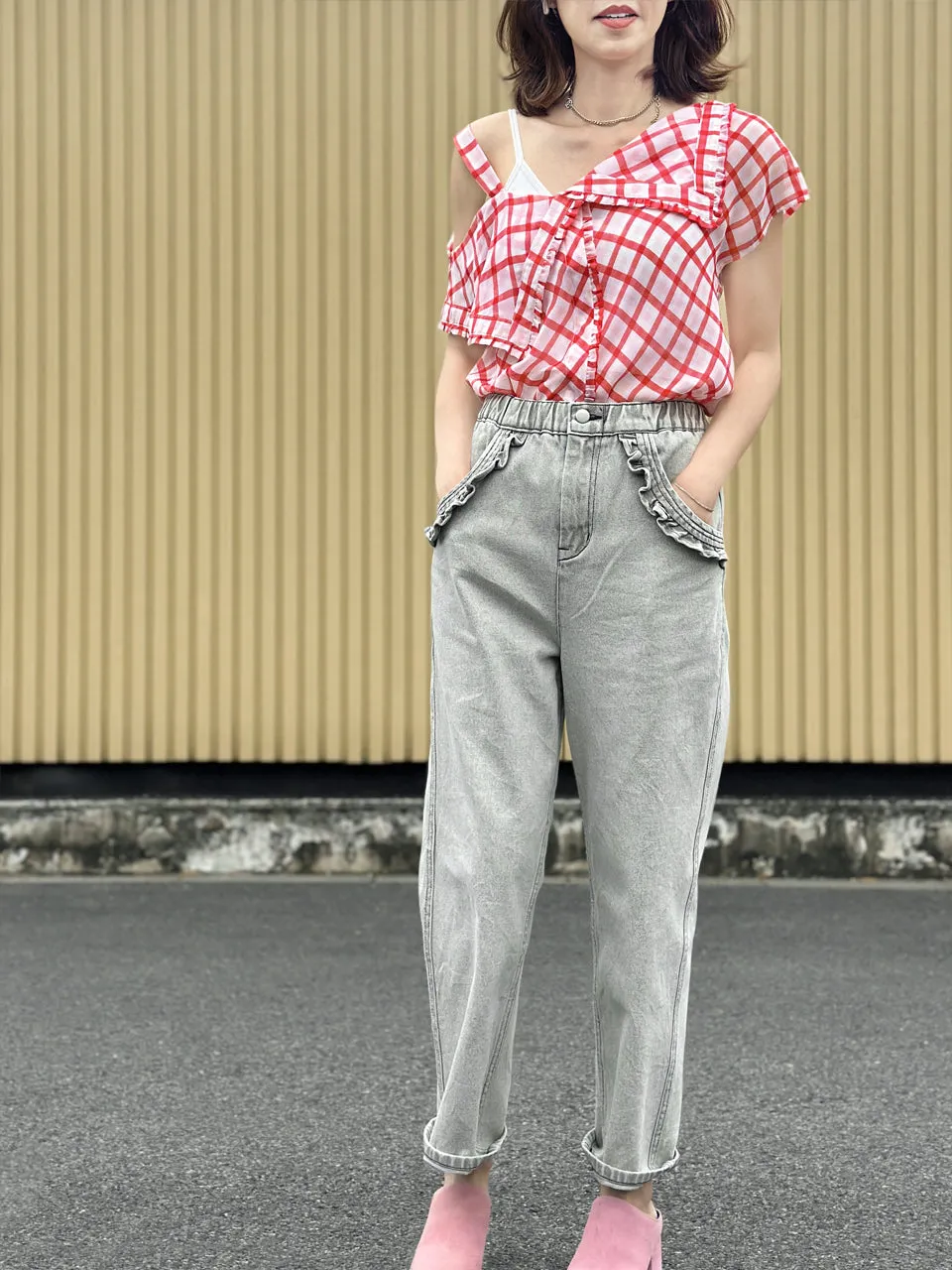 Washed Greyish White Ruffled Pocket Straight Leg Jeans