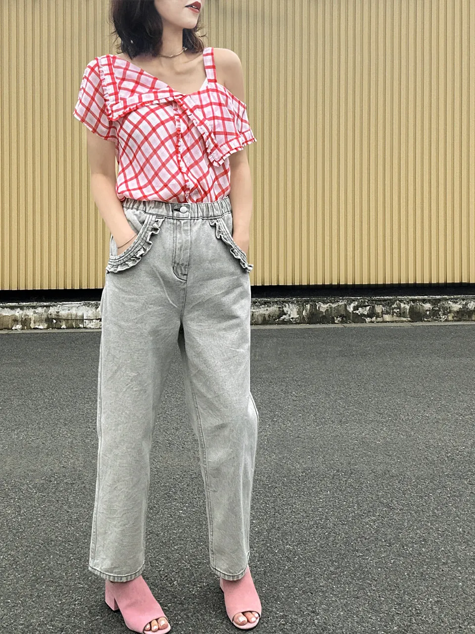Washed Greyish White Ruffled Pocket Straight Leg Jeans