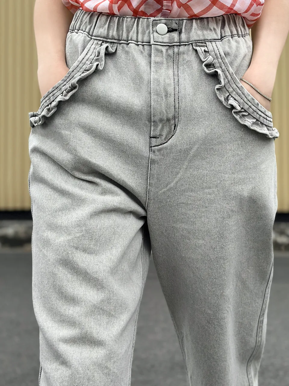 Washed Greyish White Ruffled Pocket Straight Leg Jeans