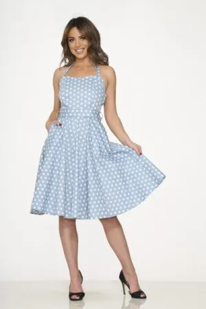 White Polka Dot Halter Dress - Light Blue -