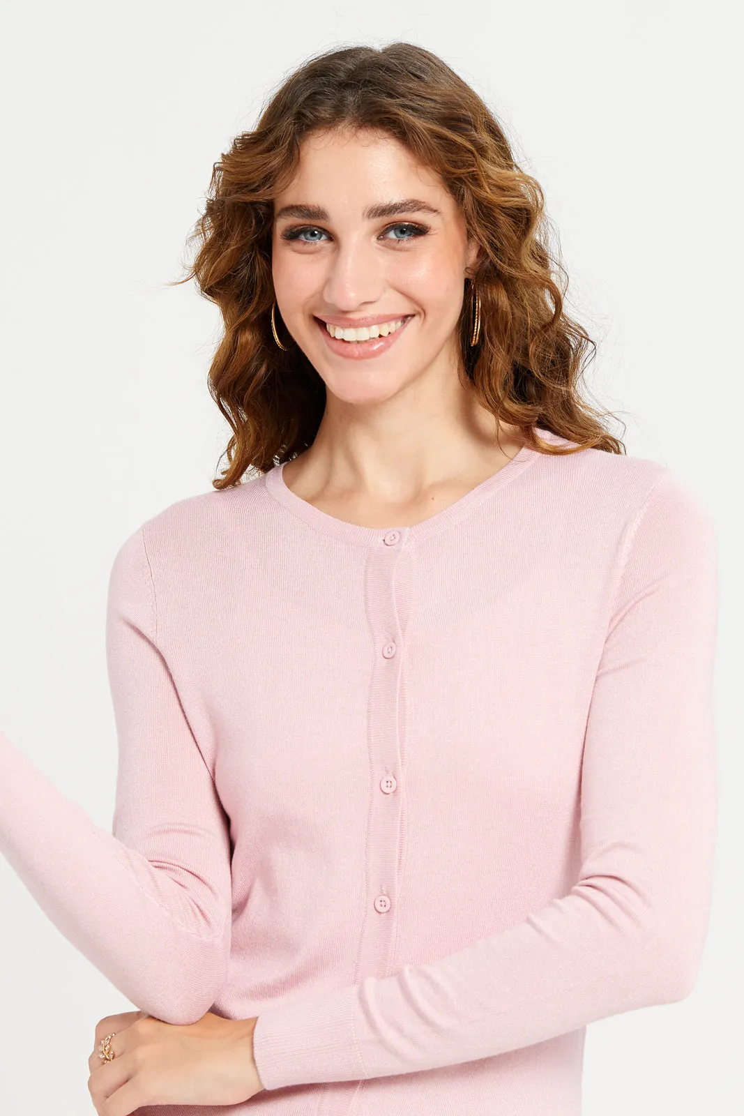 Women Pink Crew Neck Cardigan