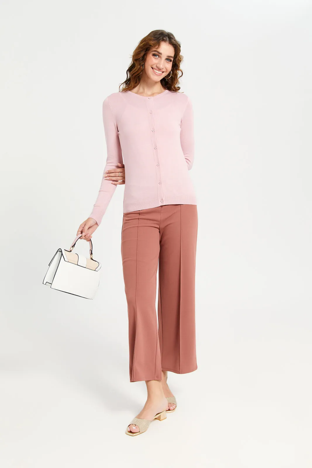 Women Pink Crew Neck Cardigan