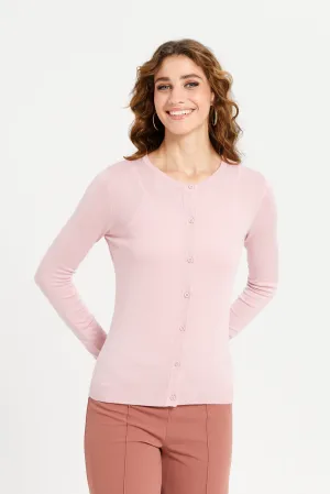 Women Pink Crew Neck Cardigan