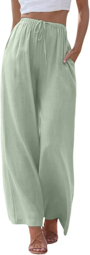 Women's Cotton Linen Summer Palazzo Pants Flowy Wide Leg Beach Trousers Drawstring Elastic Waist Casual Baggy Slacks