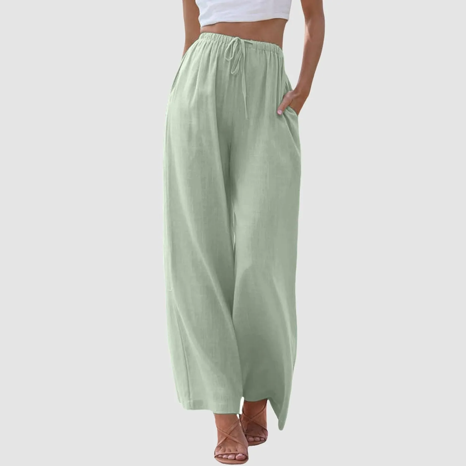 Women's Cotton Linen Summer Palazzo Pants Flowy Wide Leg Beach Trousers Drawstring Elastic Waist Casual Baggy Slacks