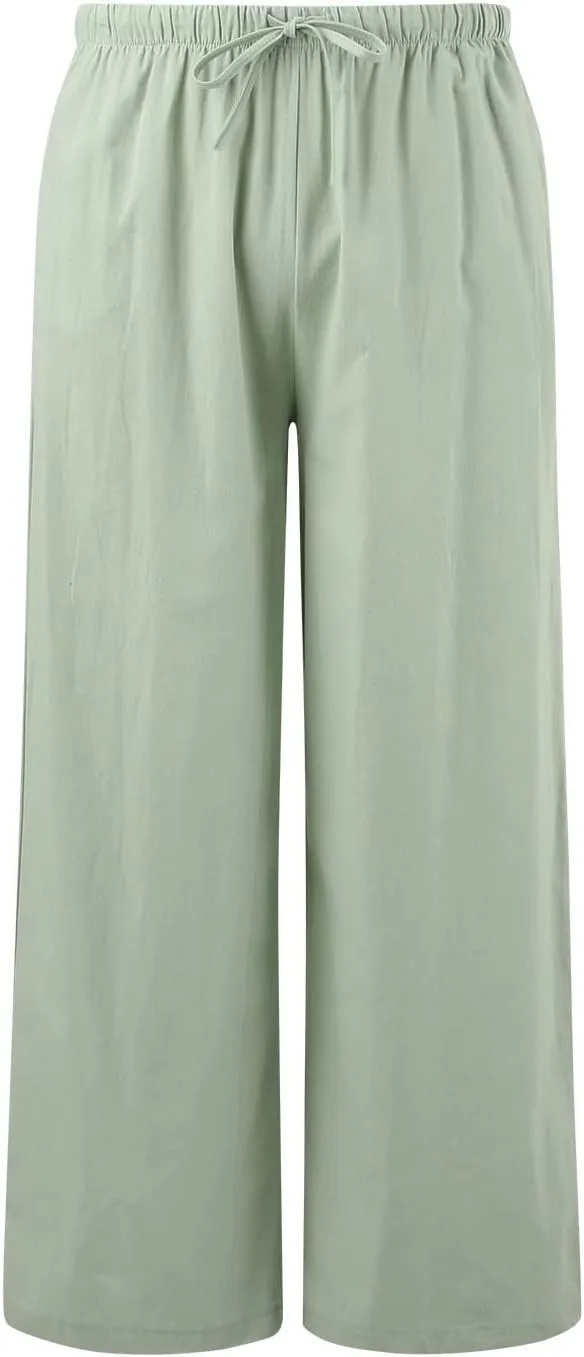 Women's Cotton Linen Summer Palazzo Pants Flowy Wide Leg Beach Trousers Drawstring Elastic Waist Casual Baggy Slacks