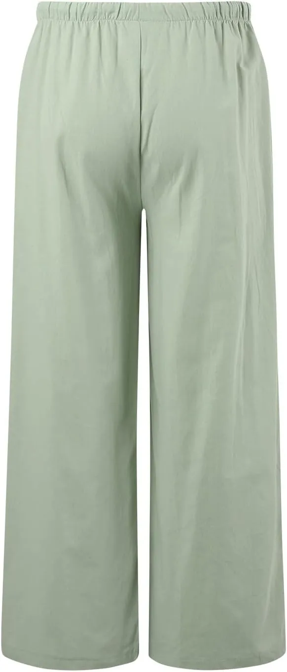 Women's Cotton Linen Summer Palazzo Pants Flowy Wide Leg Beach Trousers Drawstring Elastic Waist Casual Baggy Slacks
