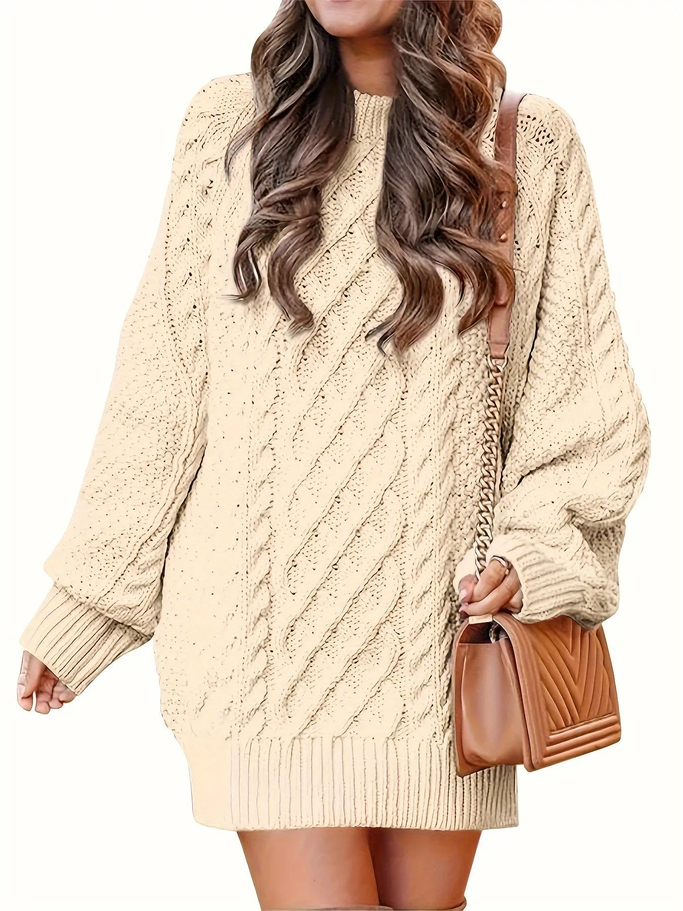 Women's Oversized Twisted Flower Knit Sweater Dress - Long Sleeve, Mini Length