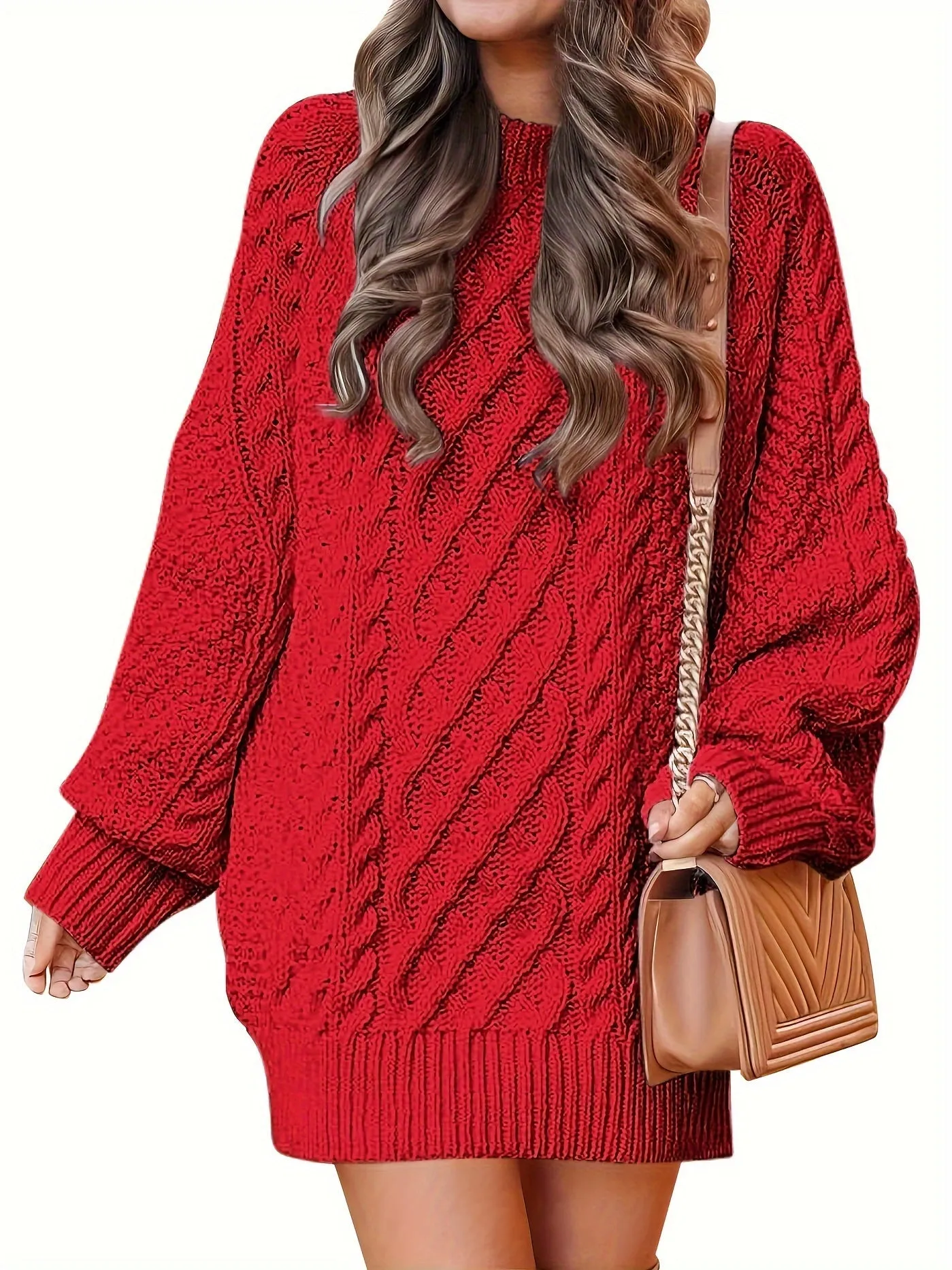 Women's Oversized Twisted Flower Knit Sweater Dress - Long Sleeve, Mini Length
