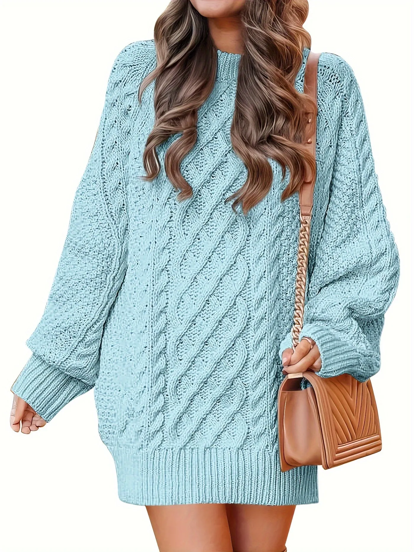 Women's Oversized Twisted Flower Knit Sweater Dress - Long Sleeve, Mini Length