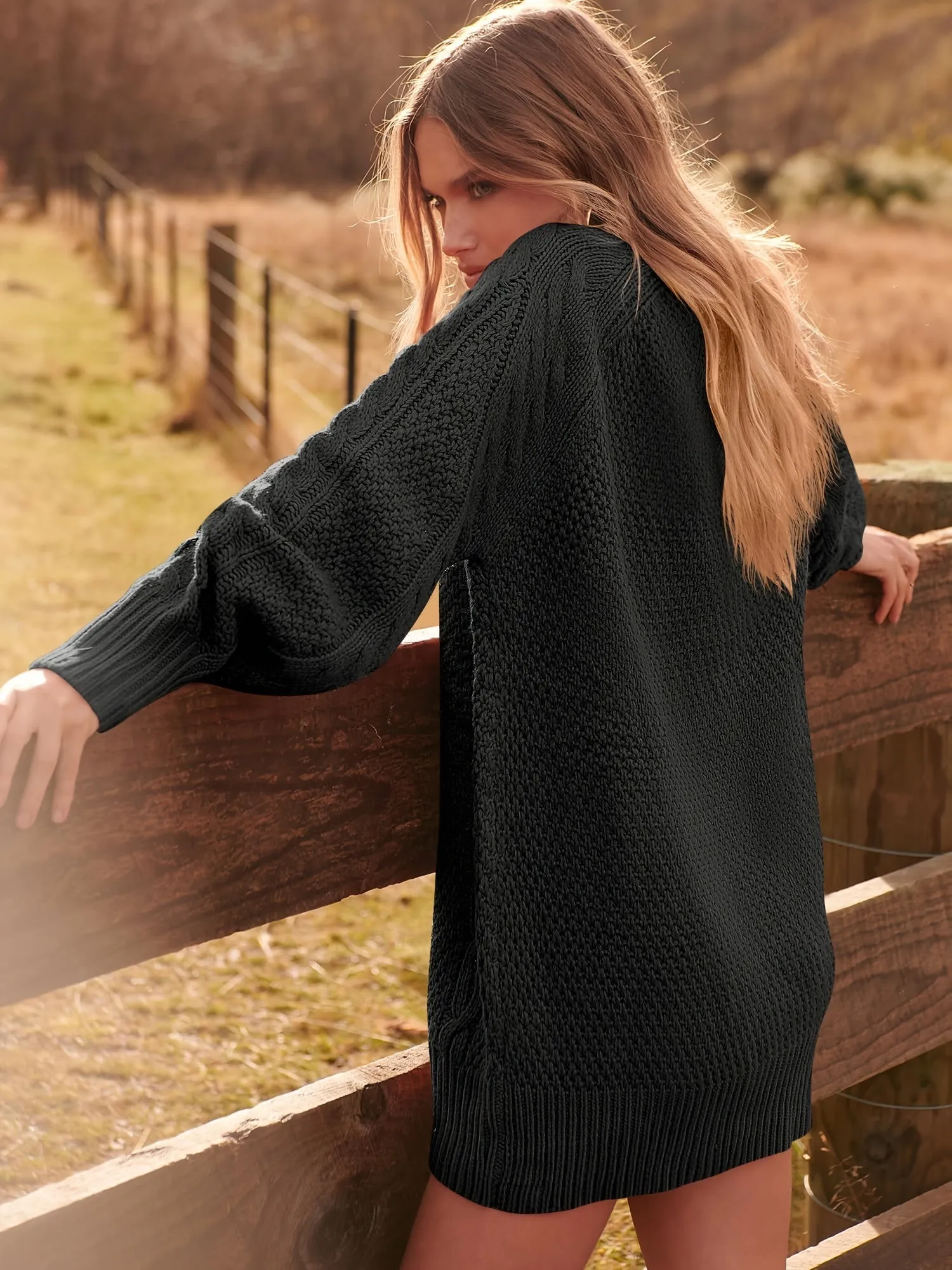 Women's Oversized Twisted Flower Knit Sweater Dress - Long Sleeve, Mini Length
