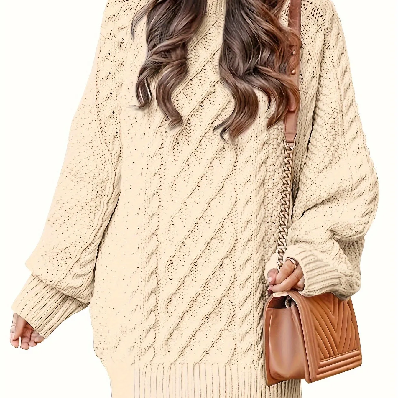 Women's Oversized Twisted Flower Knit Sweater Dress - Long Sleeve, Mini Length