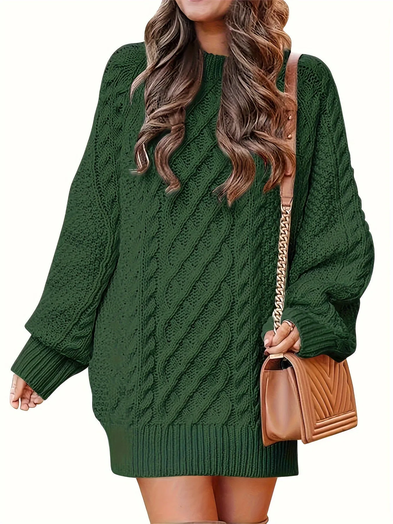 Women's Oversized Twisted Flower Knit Sweater Dress - Long Sleeve, Mini Length