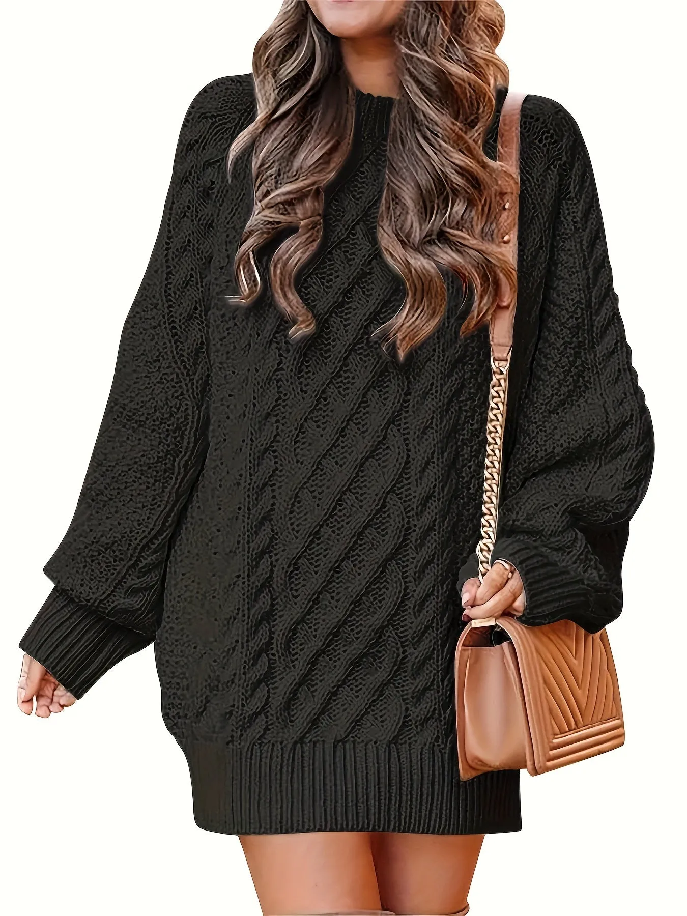Women's Oversized Twisted Flower Knit Sweater Dress - Long Sleeve, Mini Length