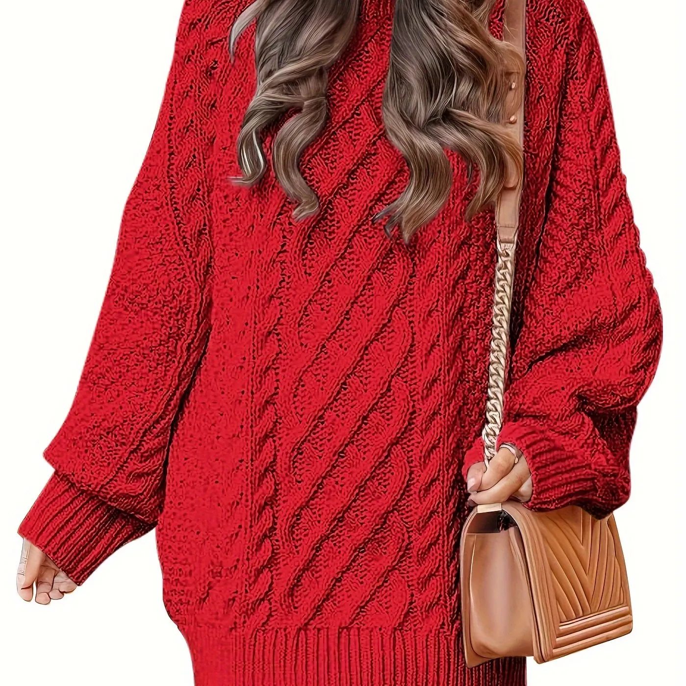 Women's Oversized Twisted Flower Knit Sweater Dress - Long Sleeve, Mini Length