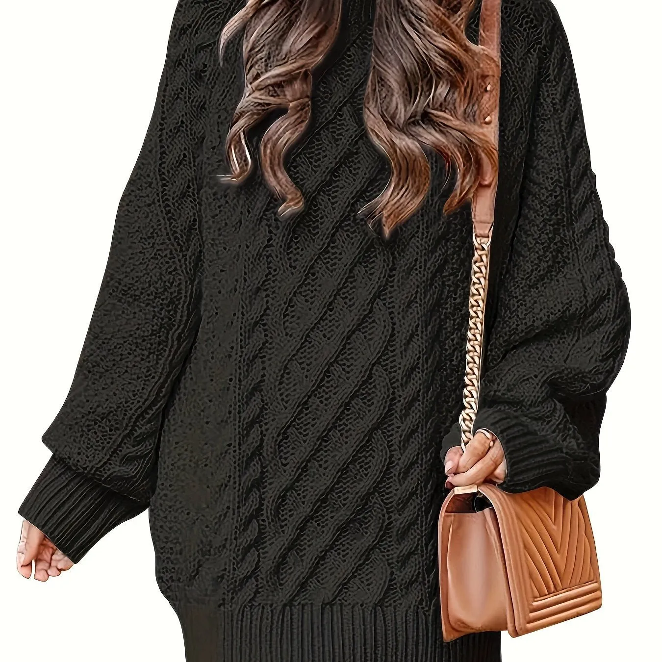 Women's Oversized Twisted Flower Knit Sweater Dress - Long Sleeve, Mini Length