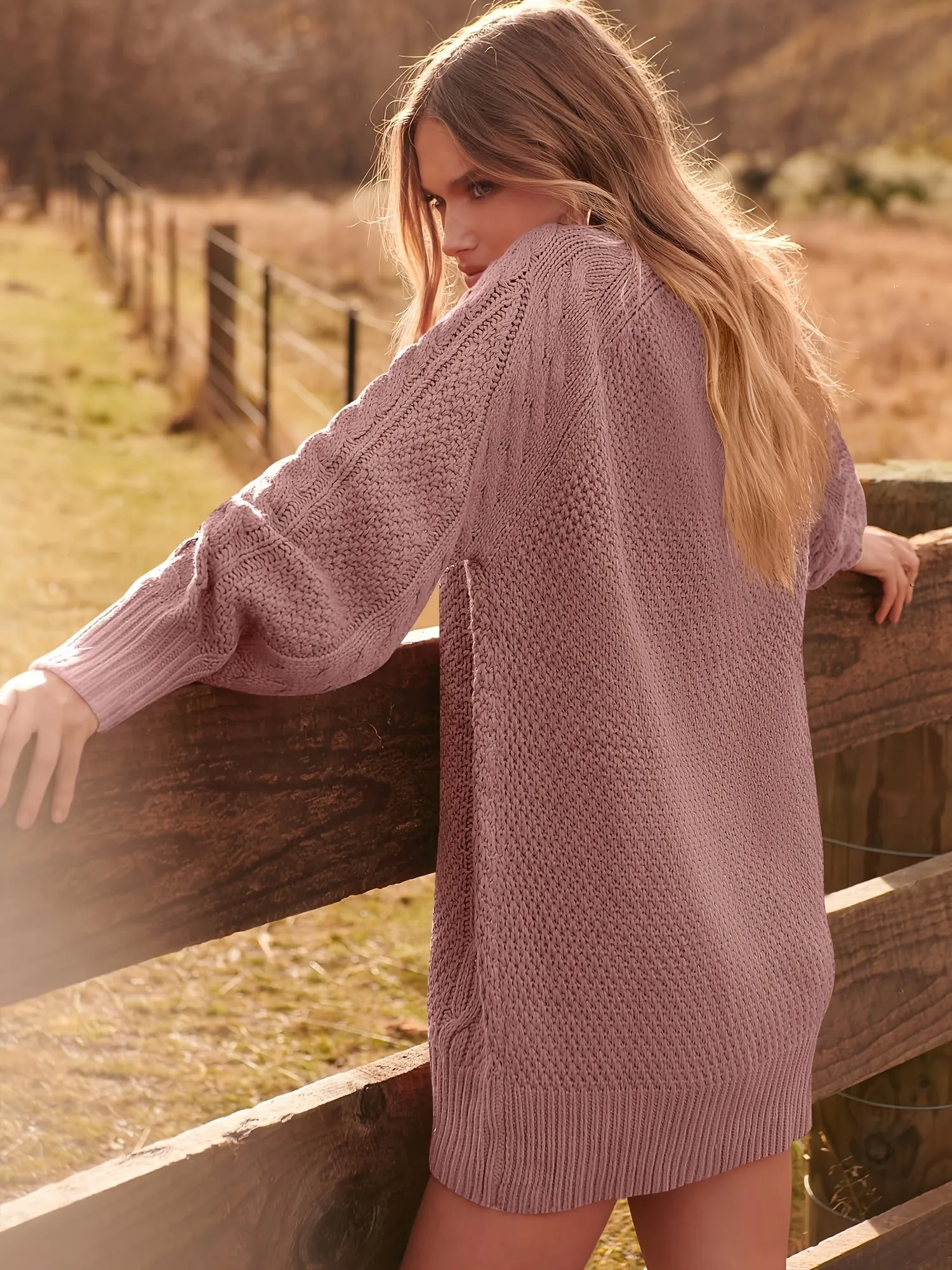 Women's Oversized Twisted Flower Knit Sweater Dress - Long Sleeve, Mini Length