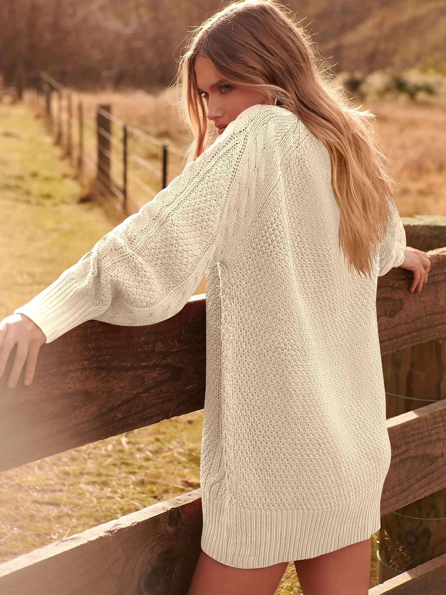 Women's Oversized Twisted Flower Knit Sweater Dress - Long Sleeve, Mini Length