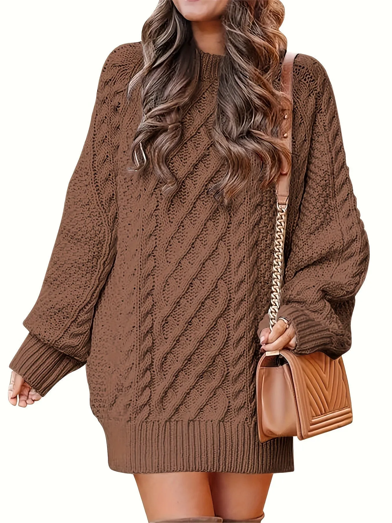 Women's Oversized Twisted Flower Knit Sweater Dress - Long Sleeve, Mini Length
