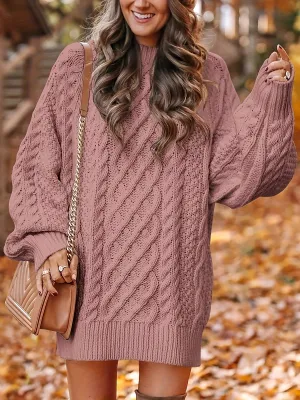 Women's Oversized Twisted Flower Knit Sweater Dress - Long Sleeve, Mini Length
