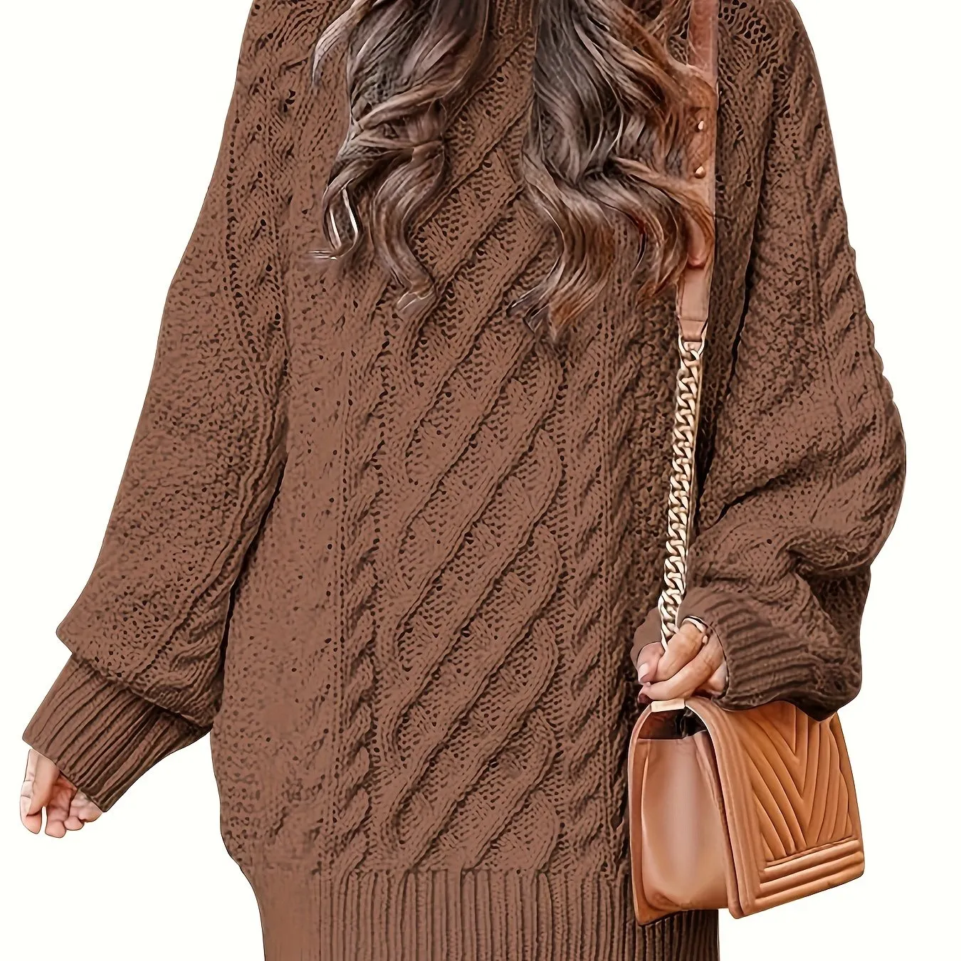 Women's Oversized Twisted Flower Knit Sweater Dress - Long Sleeve, Mini Length