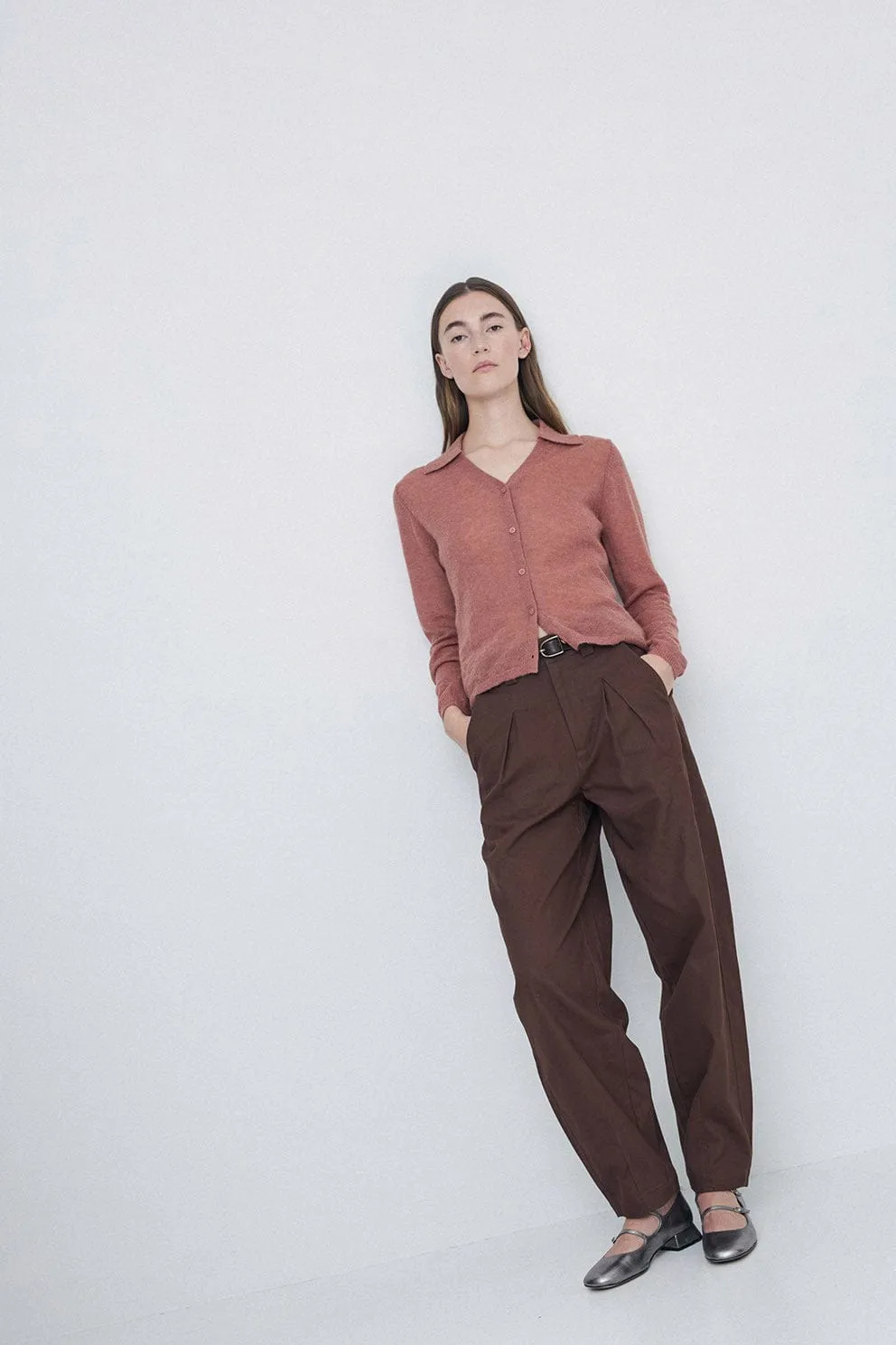 Wool Blend Collared Cardigan - Terracotta