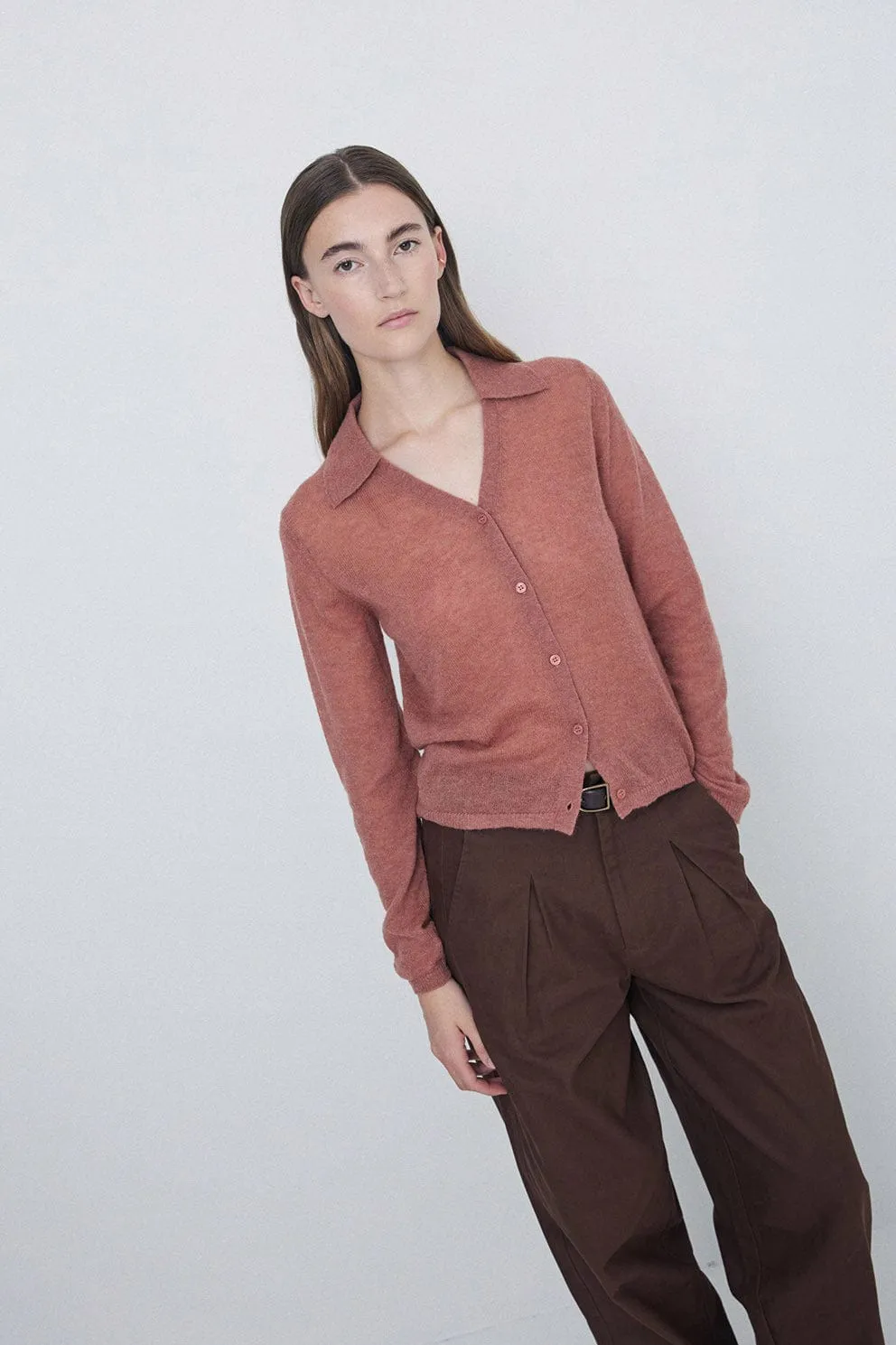 Wool Blend Collared Cardigan - Terracotta