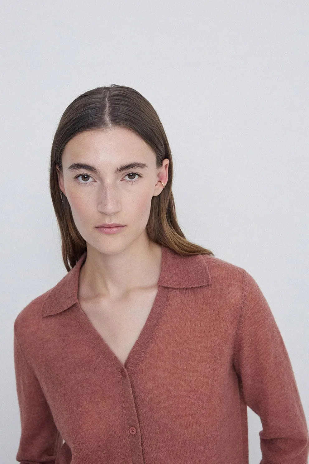 Wool Blend Collared Cardigan - Terracotta