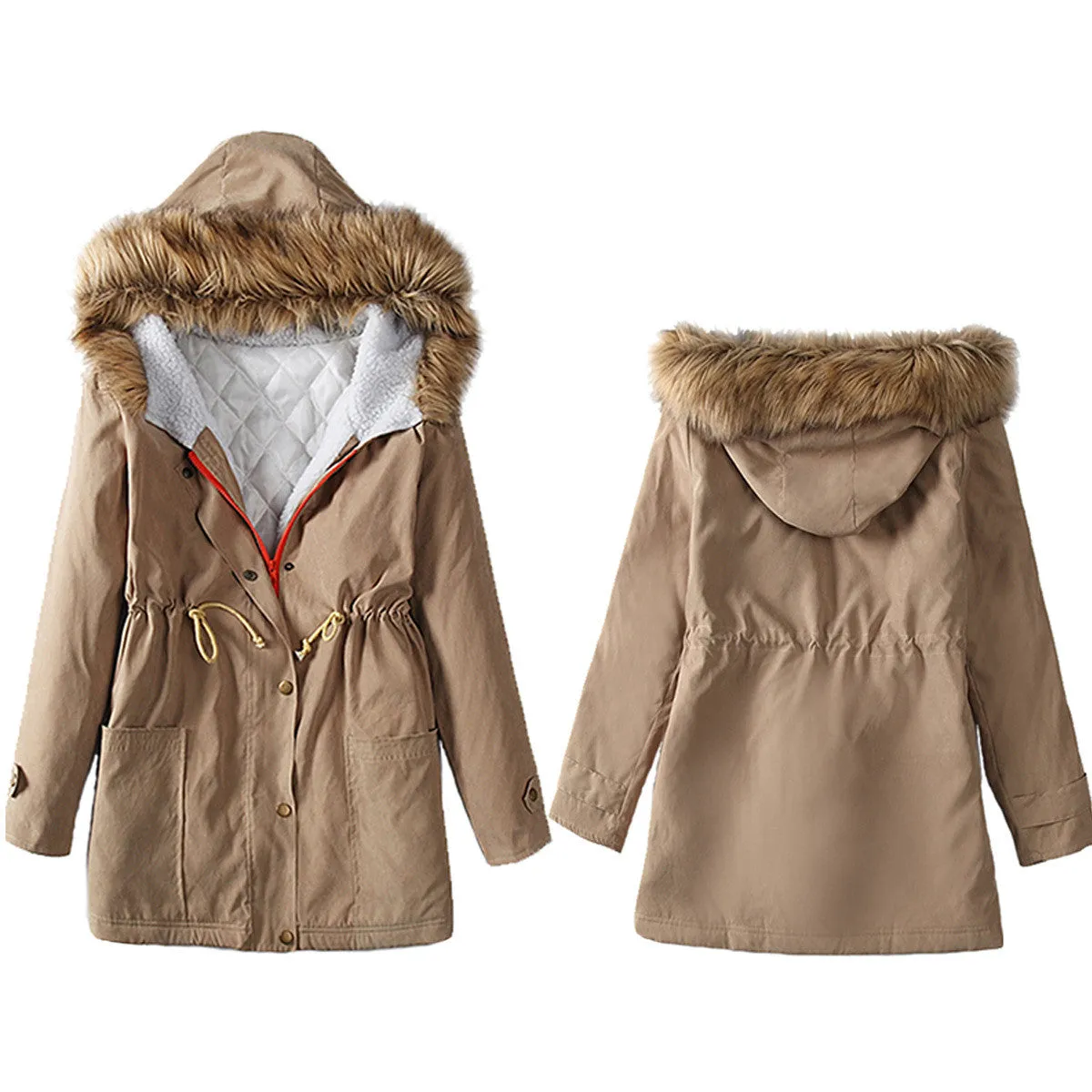 Wool Hooded Long Sleeves Thick Slim Cotton Coat