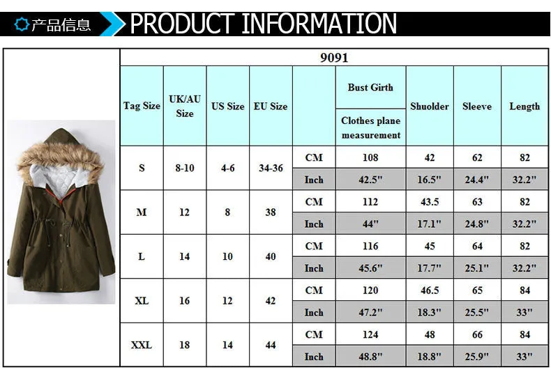 Wool Hooded Long Sleeves Thick Slim Cotton Coat