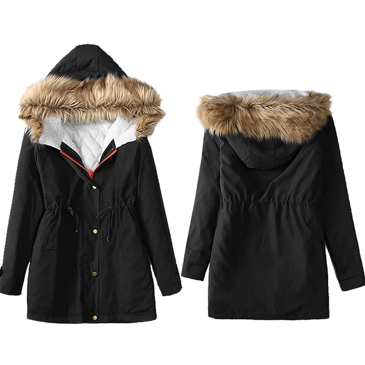 Wool Hooded Long Sleeves Thick Slim Cotton Coat