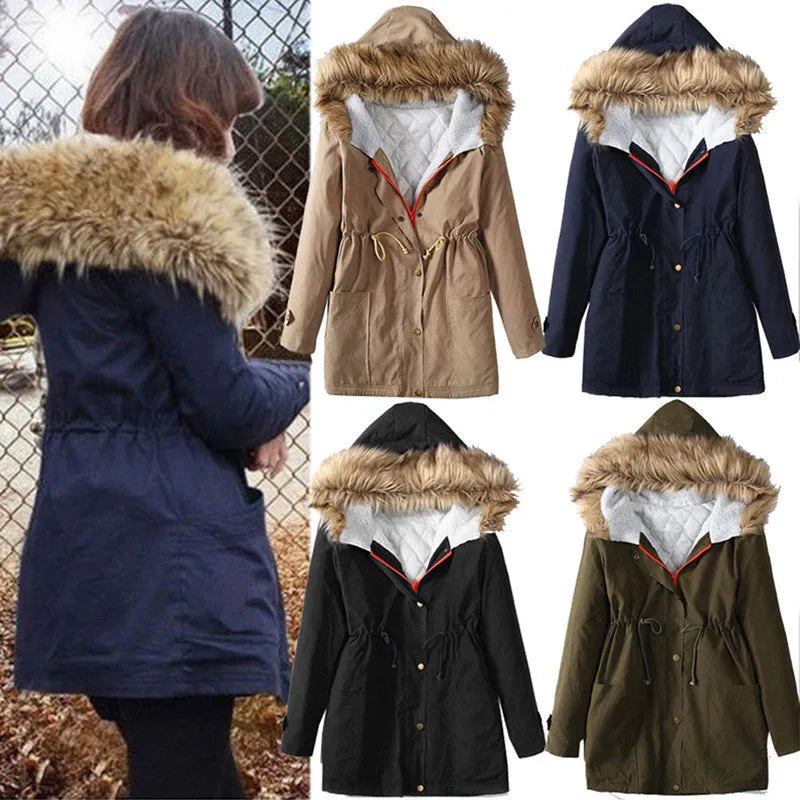 Wool Hooded Long Sleeves Thick Slim Cotton Coat