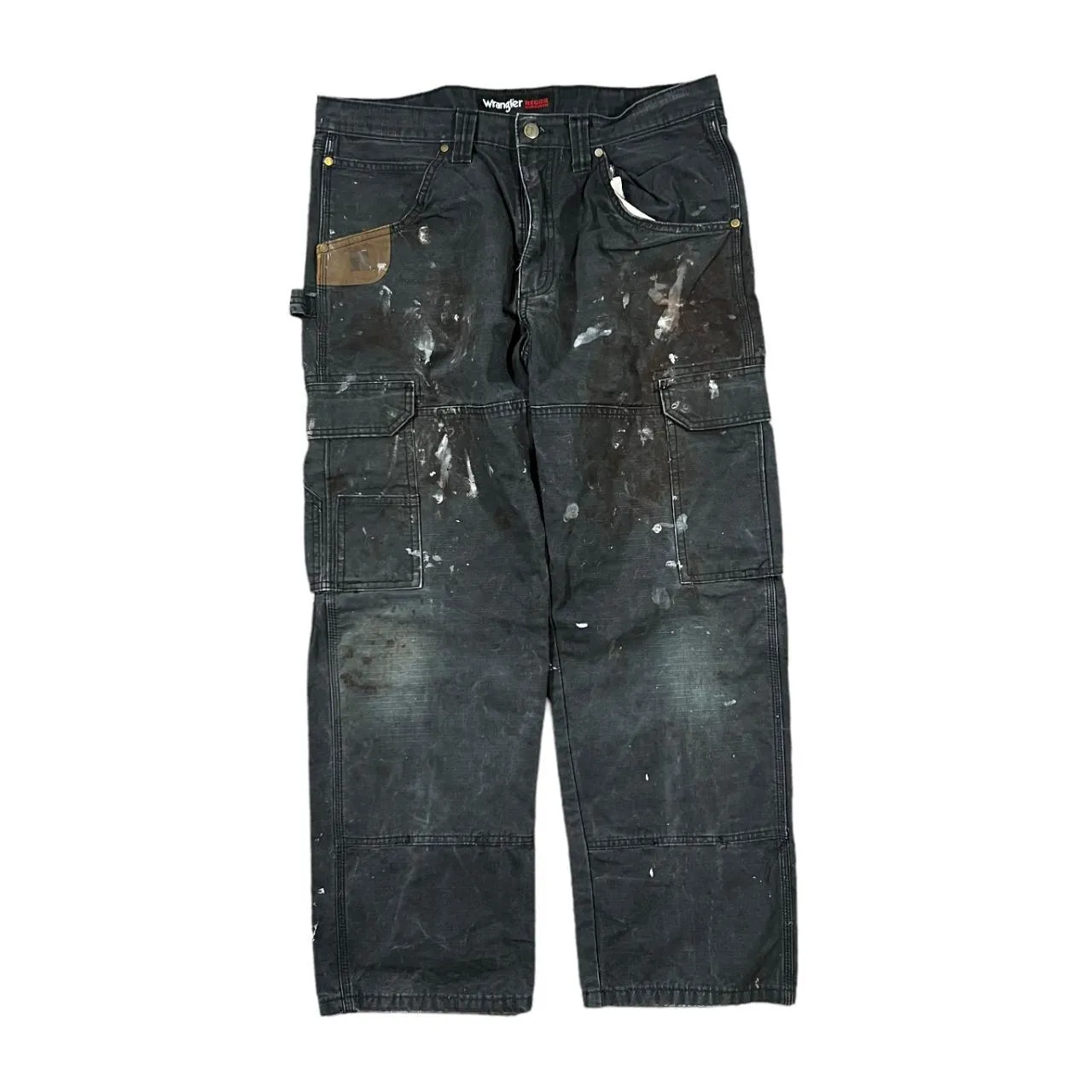 WRANGLER Riggs Workwear Classic Black Cargo Carpenter Distressed Trousers